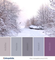 the color palette is purple and grey, with snow covered trees in the foreground