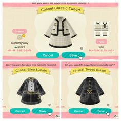 several different types of clothes on display in an animal crossing style game character's avatar