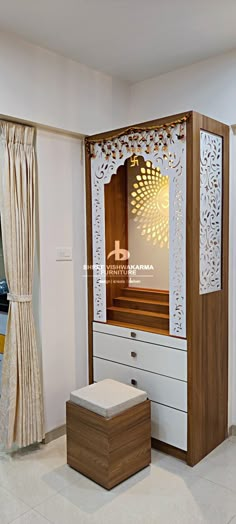 Pujaghar Design, Pooja Room Wardrobe Design, Puja Tall Unit Design, Temple In Bedroom Ideas, Pooja Wardrobe Design, Mandir For Living Room, Temple Home Puja Room, Devhara In Living Room, Small Pooja Room Ideas In Living Room