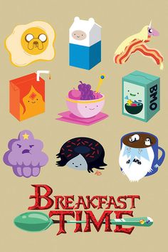 an image of breakfast time poster with food and drinks on it's back side