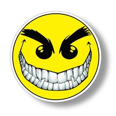 a yellow smiley face with black eyes and white teeth on it's side,