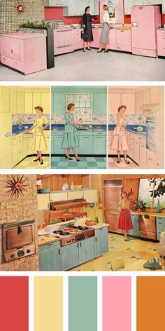 an old fashion kitchen with pink cabinets and green walls, two women in yellow dresses are standing at the stove