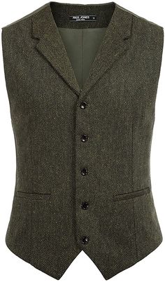 Men's Tweed Suits Vest Classic Wool Blend Waistcoat V-neck Army Green S at Amazon Men’s Clothing store Mens Vest Coat, Tweed Jacket Style, Dress Suit Vest, Tailored Waistcoat, Tweed Outfit, Wool Waistcoat, Tweed Waistcoat