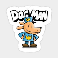 a cartoon dog wearing a blue costume with the word dogman on it's chest