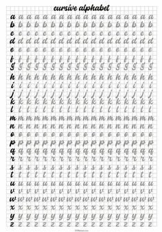 the cursive alphabet is shown in black and white