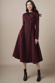 ★★ Welcome to my Ylistyle's shop！！！ This women burgundy long wool coat, made of high-quality fabric, giving you a good touch and very comfortable to wear. The fit and flare wool coat, can be customized to your size.  It looks simple and elegant. ★★FEATURES 50% wool, 50% fiber nylon polyester Polyester lining Two side pockets Buttons closure Long wool coat Fit and flare coat Vintage inspired wool coat Princess coat Autumn winter wool coat Dry clean ★★More color    https://www.etsy.com/listing/1108845085 ★★ The model's height approx 170 cm (5′ 7″) with the 84 cm (33") bust, 66 cm (26") waist. She is wearing the wool coat in size XS (US2) ★★ Please select custom order according to the follow situation Can't find your size Your height is over 175cm Your weight is over 75kg Request Length custo Burgundy Winter Outerwear With Buttons, Burgundy Single-breasted Winter Outerwear, Burgundy Winter Formal Outerwear, Burgundy Long Coat For Winter, Fall Burgundy Single Breasted Outerwear, Elegant Burgundy Long Coat, Burgundy Wool Winter Outerwear, Elegant Burgundy Outerwear For Winter, Elegant Burgundy Winter Outerwear