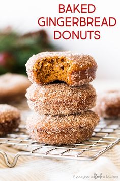 baked gingerbread donuts stacked on top of each other with the title above it