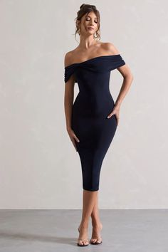 Keely Navy Bodycon Twisted Bardot Midi Dress – Club L London - USA Diana Style, Bardot Midi Dress, Club L London, Hello December, London Dresses, Navy Midi Dress, Church Decor, Winter Clothing, Business Look