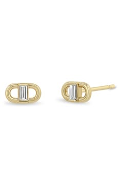 Baguette-cut diamonds intersect these modern link earrings crafted from 14-karat gold. 1/4"W x 1/8"L Post back Total diamond weight: 0.12ct. Color: F–G Clarity: VS–SI 14k gold/diamond Made in the USA >Diamond Guide Diamond Earring Studs, Modern 14k Gold Earrings With Baguette Diamonds, Modern Yellow Gold Diamond Earrings With Baguette Diamonds, Modern Gold Diamond Earrings With Baguette Cut, Modern Gold Baguette Cut Diamond Earrings, Modern Yellow Gold Baguette Cut Earrings, Modern Baguette-shaped Gold Earrings, Modern Gold Baguette Earrings, Modern Baguette Gold Earrings