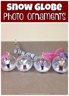 snow globe photo ornaments with text overlay that reads, show globe photo ornaments