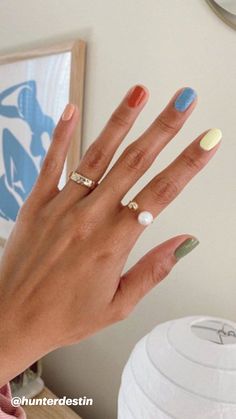 Multi Color Manicure, Multi Color Spring Nails, Multi Colored Nails Spring, Nails Multiple Colors, Mixed Color Nails, Nails And Rings, Hey Arnold, Summer Acrylic Nails, Pastel Nails