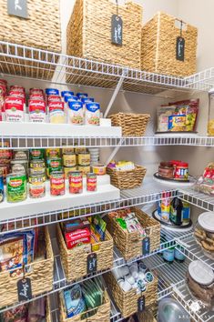 an organized pantry with baskets and food items