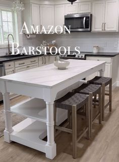 a kitchen island with stools in front of it and the words amazon barstools above it