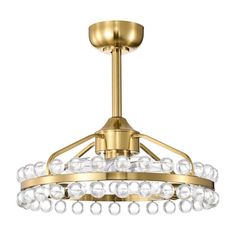 a gold chandelier with clear glass balls hanging from the ceiling, on an isolated white background