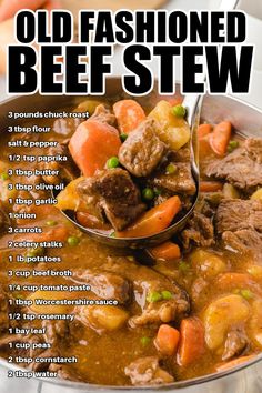 an old fashioned beef stew recipe in a bowl with a ladle full of meat and vegetables