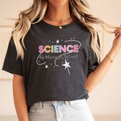 Celebrate your passion for education with our Science Teacher T-Shirt, designed for educators who inspire and make a difference every day. Featuring a fun creative graphic, this shirt is perfect for school events, casual wear, or everyday classroom outfits. This classic unisex jersey short sleeve tee fits like a well-loved favorite. Soft cotton and quality print make users fall in love with it over and over again. These t-shirts have-ribbed knit collars to bolster shaping. The shoulders have tap Educational Graphic Print Crew Neck T-shirt, Casual Black T-shirt For School Events, Funny Letter Print T-shirt For Back To School, School T-shirt With Text Print And Relaxed Fit, Casual Slogan T-shirt For Back To School, Casual Back To School Slogan T-shirt, Educational Letter Print T-shirt For School Events, Casual Tops With Text Print For School Events, Back To School Graphic Tee With Funny Text