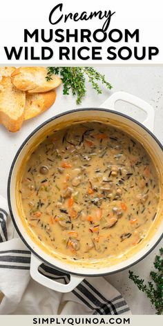 creamy mushroom and wild rice soup in a white pot with toasted bread on the side