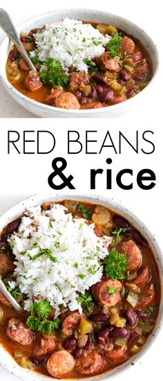 red beans and rice in a white bowl with the words, red beans and rice