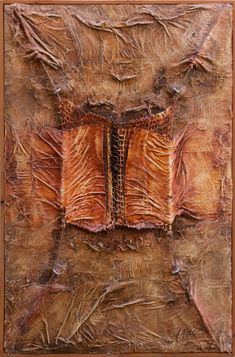 an abstract painting with two open books on it's sides, in brown tones