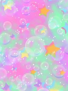 an image of bubbles and stars in the sky with pink, blue, yellow and green colors