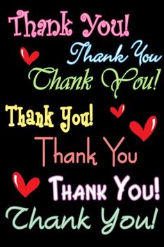 thank you card with hearts and the words thank you in different colors on a black background