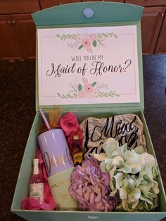 an open box containing personal care items and a card that says will you be my maid of honor?