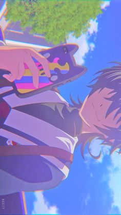 an anime character with long hair is holding onto another character's hand and looking up at the sky