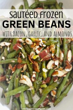 sauteed frozen green beans with bacon, garlic and almonds in a white bowl