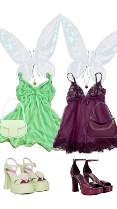 three different types of clothing and shoes with butterfly wings on the top one is green, purple