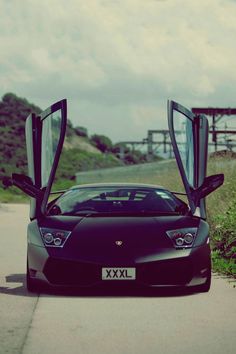 a black sports car with its doors open on the side of a road next to grass and bushes