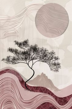 an abstract landscape with a tree and mountains in the background, as well as lines