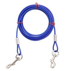 a blue rope with two hooks attached to it