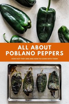 green peppers on a baking sheet with the title all about poblano peppers how they are and how to cook them