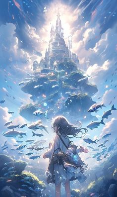 a woman standing in front of a castle surrounded by fish