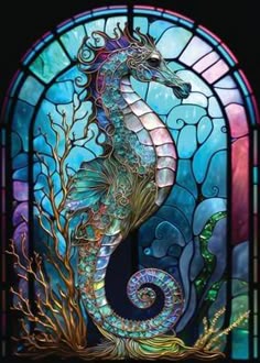 a stained glass window with a seahorse on it's side and the words, mermaid