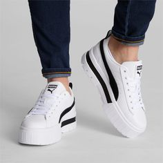 Mayze Leather Women's Sneakers | PUMA Puma Mayze Leather, Black Platform Sneakers, Platform Tennis Shoes, White Puma, Sneakers Puma, Puma Women, Trendy Sneakers, Pumas Shoes, Wedge Sneakers