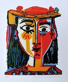 an abstract painting of a woman's face in red, yellow and blue