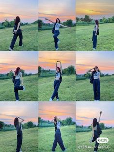 a woman standing in a field with her arms up