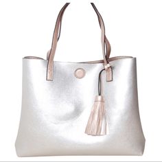 Large Vegan Leather Tote Bag Reversible Shoulder Handbag Tassel Purse Rose Gold & Silver, Metallic Pink Bag Instantly Multiplies Your Styling Options With Its Reversible Design. Featuring A Streamlined Shopper Silhouette That Can Be Flipped Inside Out, This Double-Sided Carryall Is Crafted From Smooth, Pebbled Vegan Leather And Features Two Durable Top Handles For Comfortable Carrying As A Shoulder Bag. It Is Super Voluminous And Features An Extra Large Interior That Is Roomy Enough To Accommoda Silver Satchel For Everyday Use, Silver Tote Bag For Errands, Silver Tote Shoulder Bag For On-the-go, Silver Everyday Tote Satchel, Silver Tote Satchel For Everyday Use, Silver Tote Satchel, Everyday Silver Bags With Double Handle, Silver Tote Shoulder Bag For Daily Use, Silver Tote Satchel For Shopping