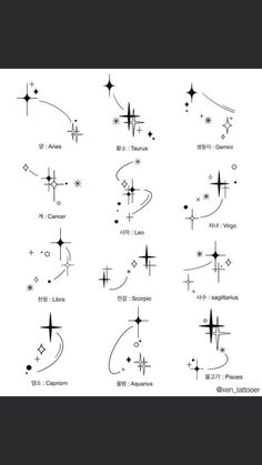 the symbols for different types of stars and their names are shown in black on white