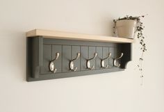 a wall mounted shelf with five hooks and a potted plant on the top one