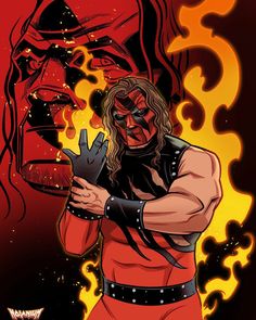 the wrestler is holding his fist up in front of flames