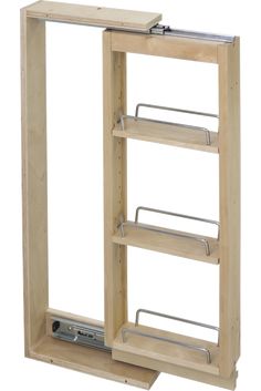 a wooden cabinet with three shelves and two pull out racks on the bottom shelf,