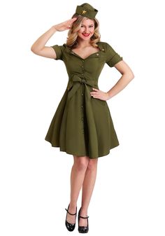 PRICES MAY VARY. Size: X-Large 100% polyester broadcloth fabric Shirtwaist dress has gold-tone buttons at center front Belt is same fabric as dress; thread through loops at waistline & tie as desired Decorative buttons on sleeve cuffs, collar, & false pocket flaps This is the Women's Vintage Combat Cutie. - Dress - Hat - Belt Modest Adult Costumes, Womens Present Costume, Walmart Costumes For Women, Womens Garth Costume, Costumes For 50 Year Old Women, Women's Military Uniform, 1940s Costume, Army Costume, Fun Costumes