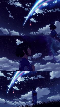 two people looking up at the sky with stars and clouds in the background, one person is