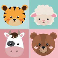 four different types of animals with faces on them