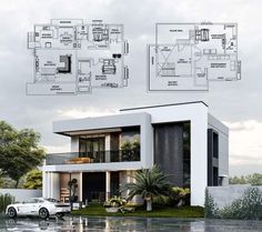 an architectural drawing of a modern house in the middle of a rain soaked driveway and parking lot