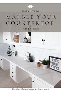 a white counter top sitting under a mirror in a room with text overlay that reads learn how to marble your countertop