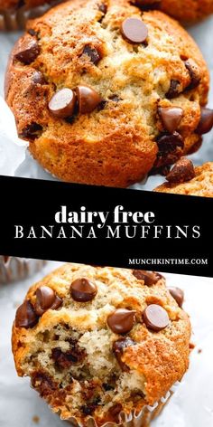 banana muffins with chocolate chips on top and the words dairy free in front