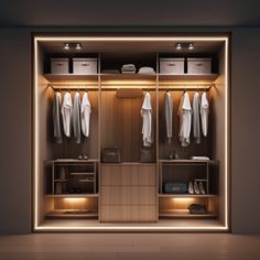 an illuminated walk in closet with clothes and shoes